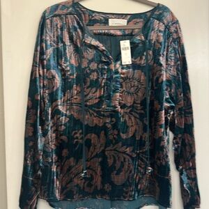 Anthropologie Faustine Blue Pink Velvet Peasant Blouse Women's Size Large L